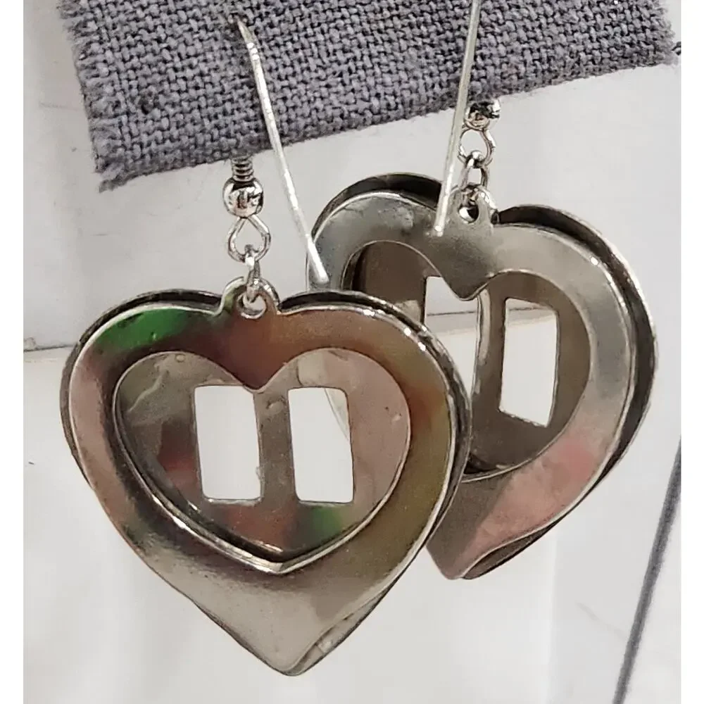 Silver Engraved Heart Dangle Earrings Fish Hook Back Lightweight